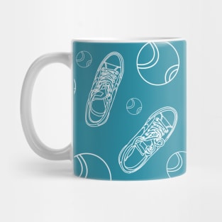 Black and white line art. Sneakers and balls. Seamless pattern Sports Mug